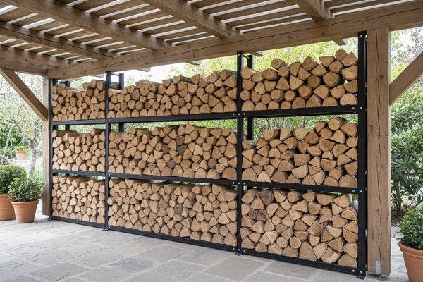 Dřevníková stěna 400 cm — realizace u zákazníka