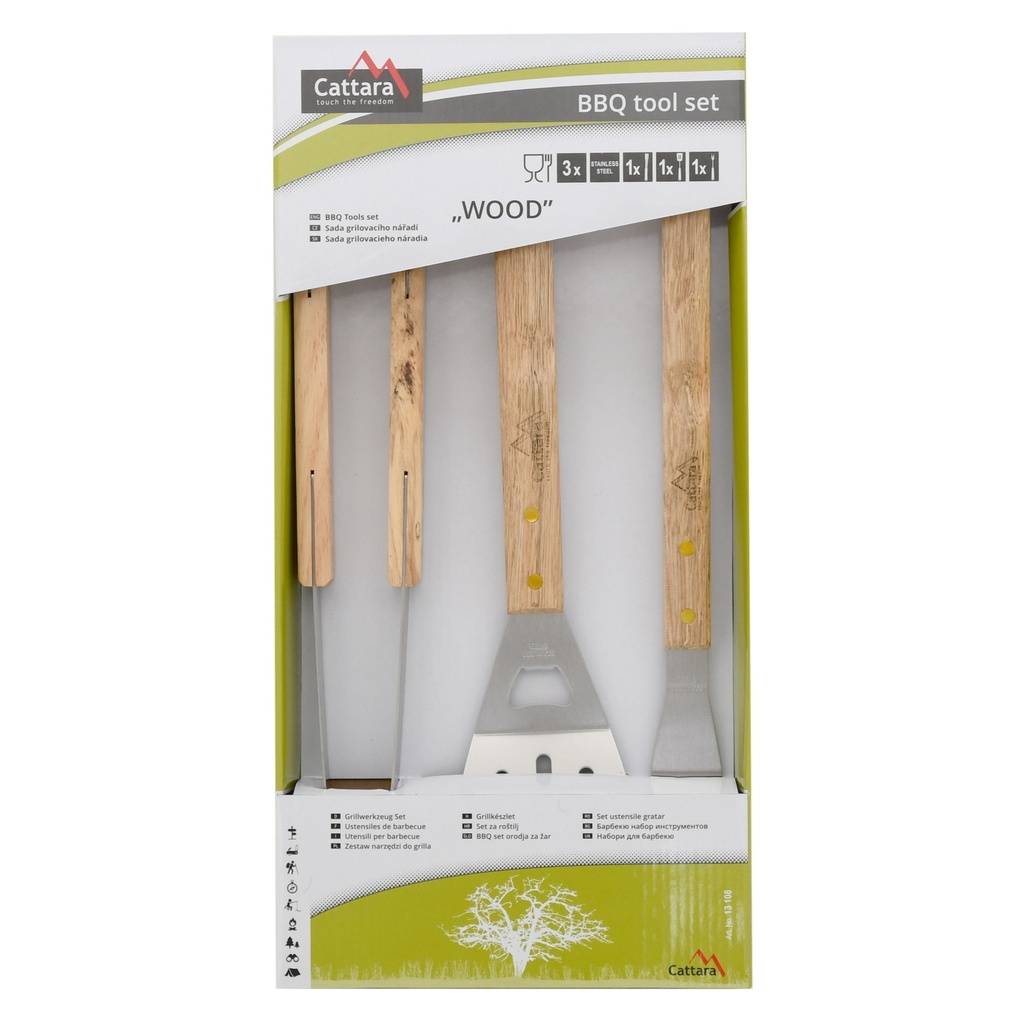Detail dřevěných rukojetí grilovacího nářadí Cattara WOOD