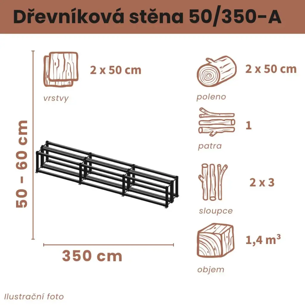 [2x50/350-A] Dřevníková stěna 50/350 cm dvojitá (50 cm, 1 level)