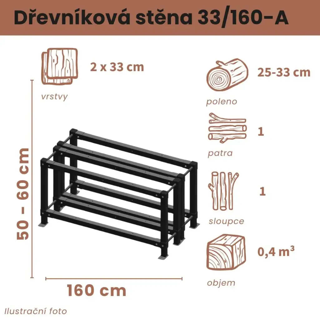 [2x33/160-A] Dřevníková stěna 33/160 cm dvojitá (50 cm, 1 level)