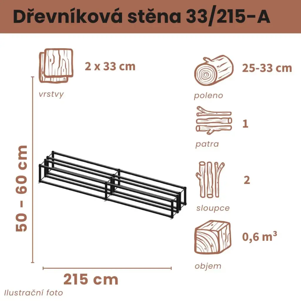 [2x33/215-A] Dřevníková stěna 33/215 cm dvojitá (50 cm, 1 patro)