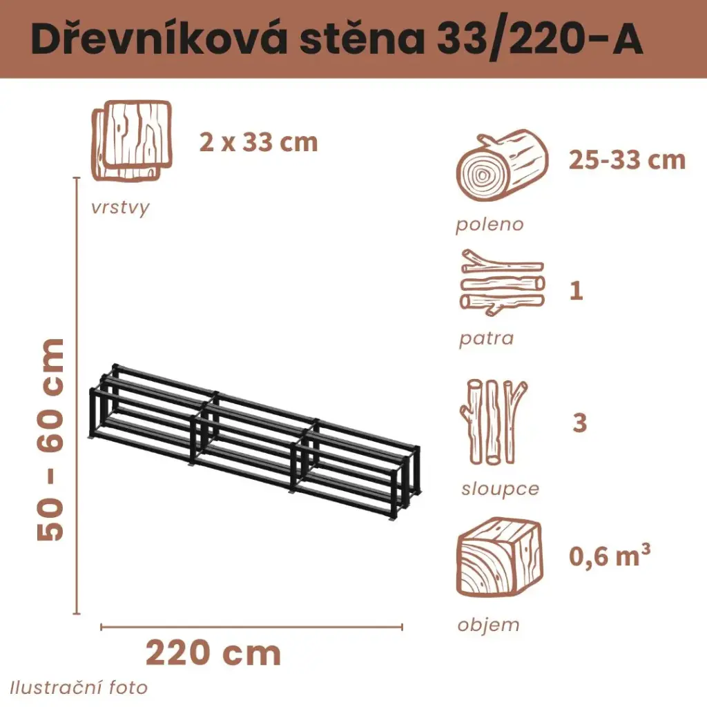 [2x33/220-A] Dřevníková stěna 33/220 cm dvojitá  (50 cm, 1 level)
