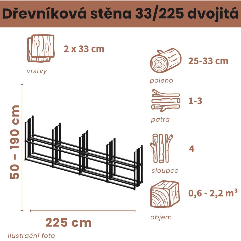 [2x33/225-A] Dřevníková stěna 33/225 cm dvojitá (50 cm, 1 patro)