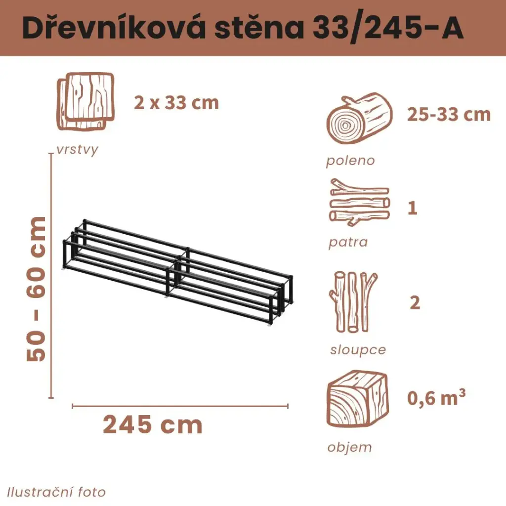 [2x33/245-A] Dřevníková stěna 33/245 cm dvojitá (50 cm, 1 patro)