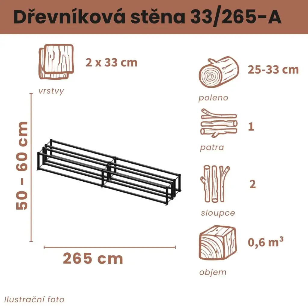 [2x33/265-A] Dřevníková stěna 33/265 cm dvojitá (50 cm, 1 level)