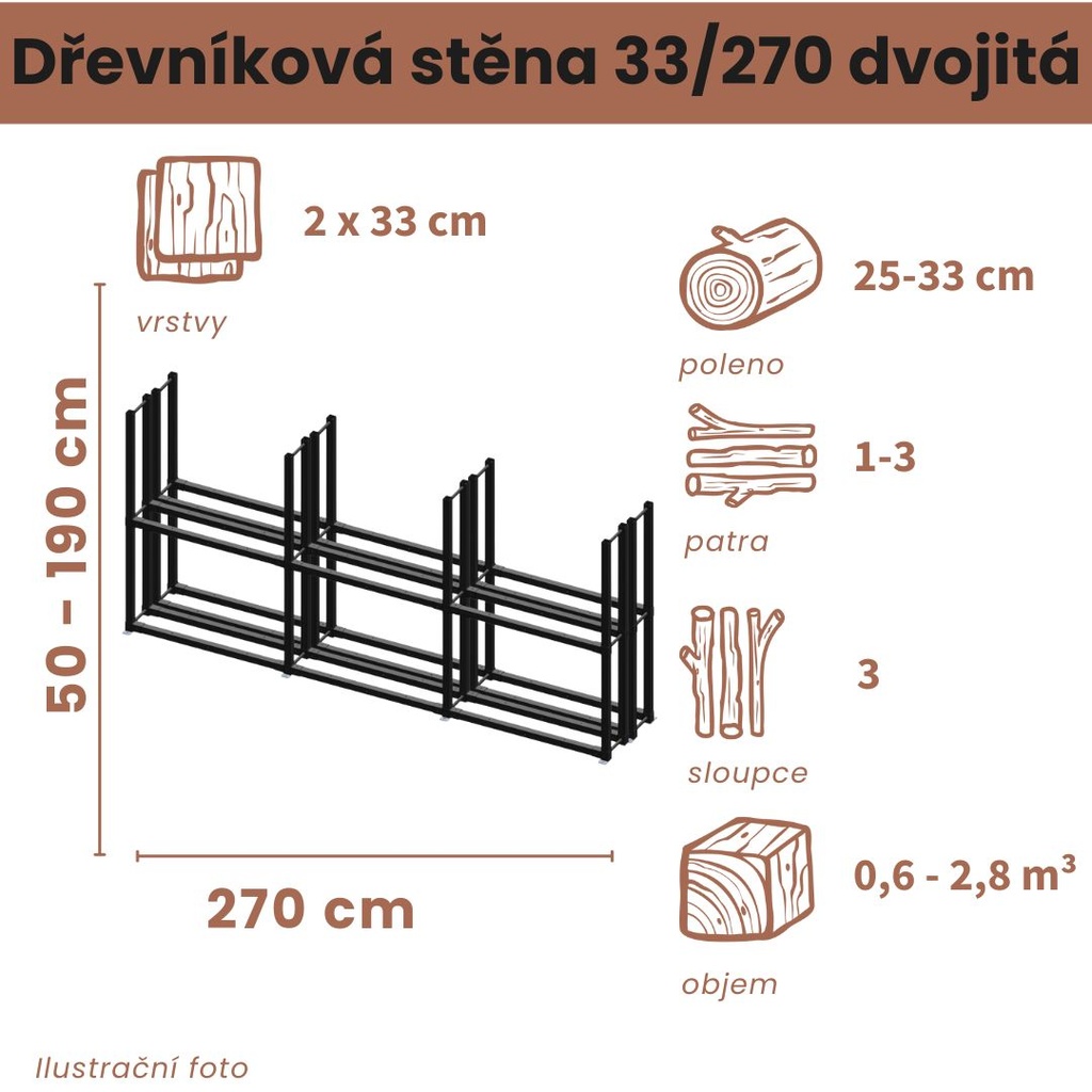 [2x33/270-A] Dřevníková stěna 33/270 cm dvojitá (50 cm, 1 patro)