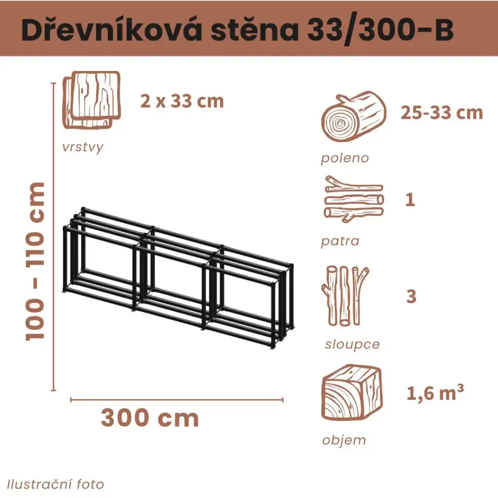 Dřevníková stěna 33/300 cm dvojitá