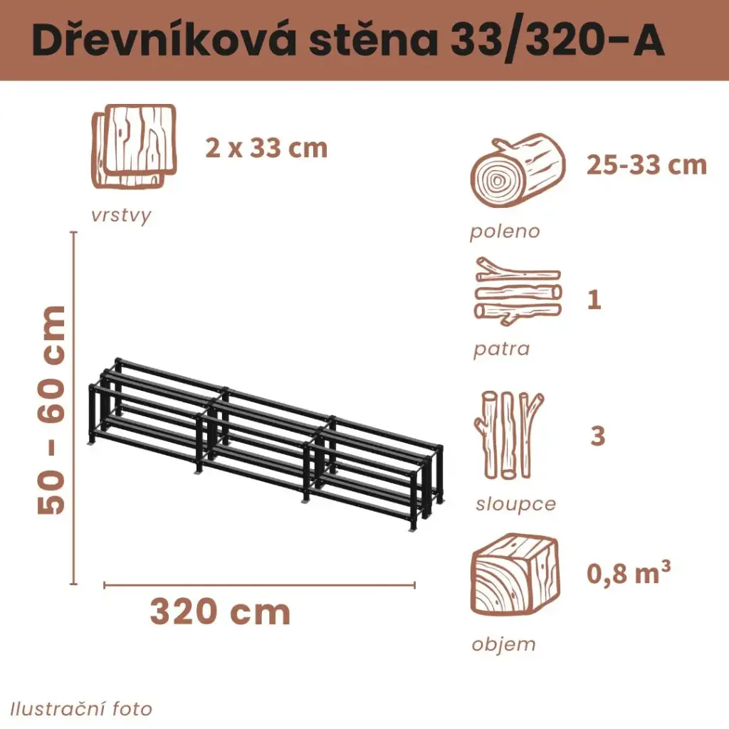 [2x33/320-A] Dřevníková stěna 33/320 cm dvojitá (50 cm, 1 patro)