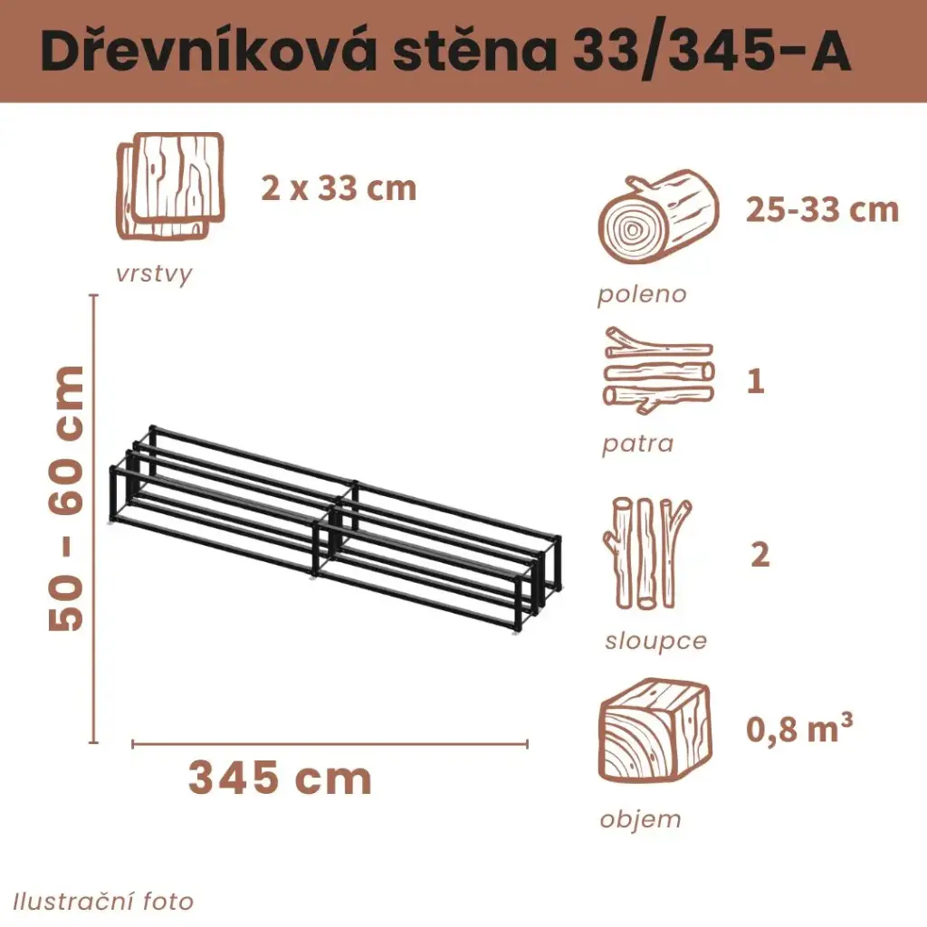 [2x33/345-A] Dřevníková stěna 33/345 cm dvojitá (50 cm, 1 level)