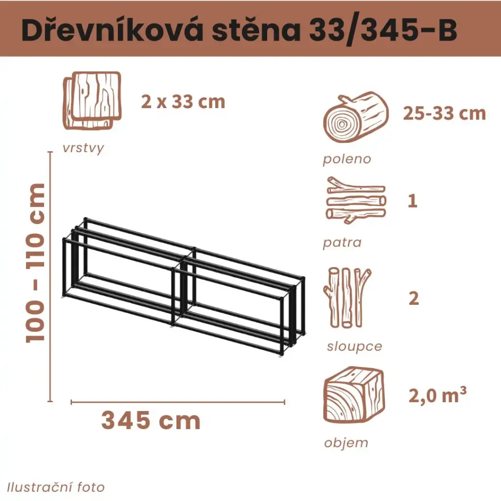 Dřevníková stěna 33/345 cm dvojitá