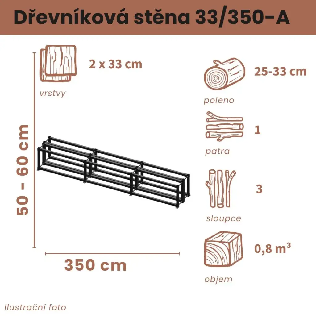 [2x33/350-A] Dřevníková stěna 33/350 cm dvojitá (50 cm, 1 level)