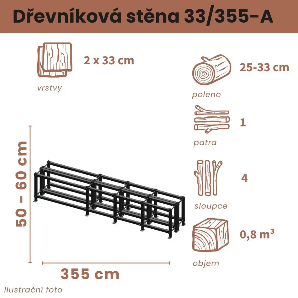 [2x33/355-A] Dřevníková stěna 33/355 cm dvojitá (50 cm, 1 level)