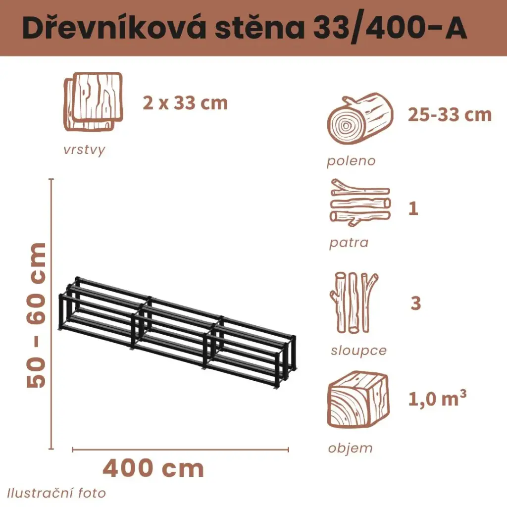 [2x33/400-A] Dřevníková stěna 33/400 cm dvojitá (50 cm, 1 patro)