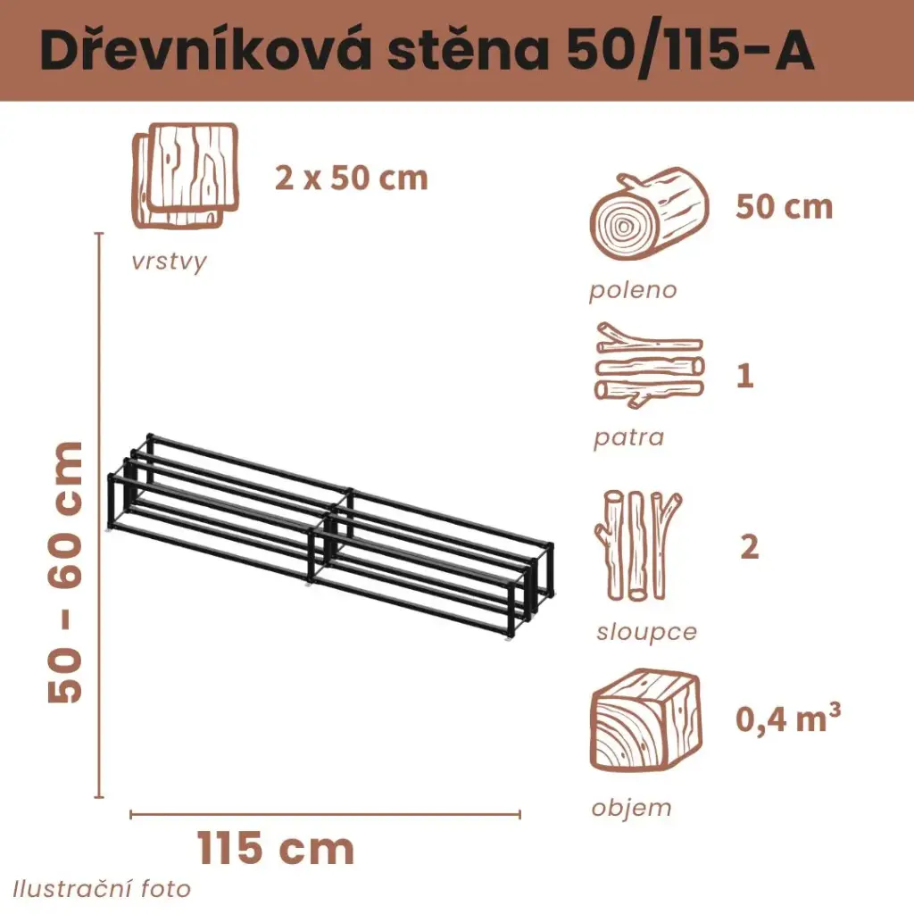 [2x50/115-A] Dřevníková stěna 50/115 cm dvojitá (50 cm, 1 patro)