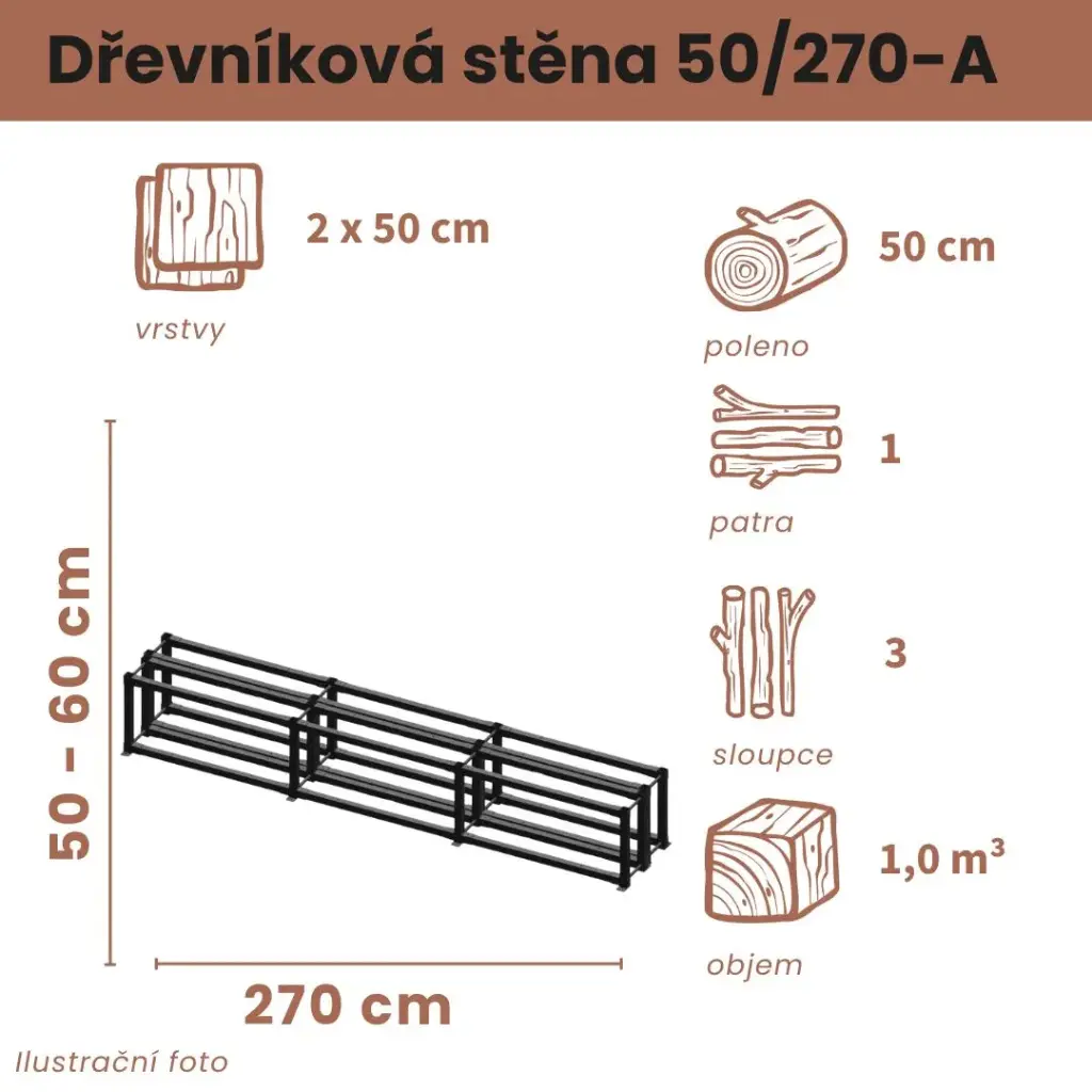 [2x50/270-A] Dřevníková stěna 50/270 cm dvojitá (50 cm, 1 level)