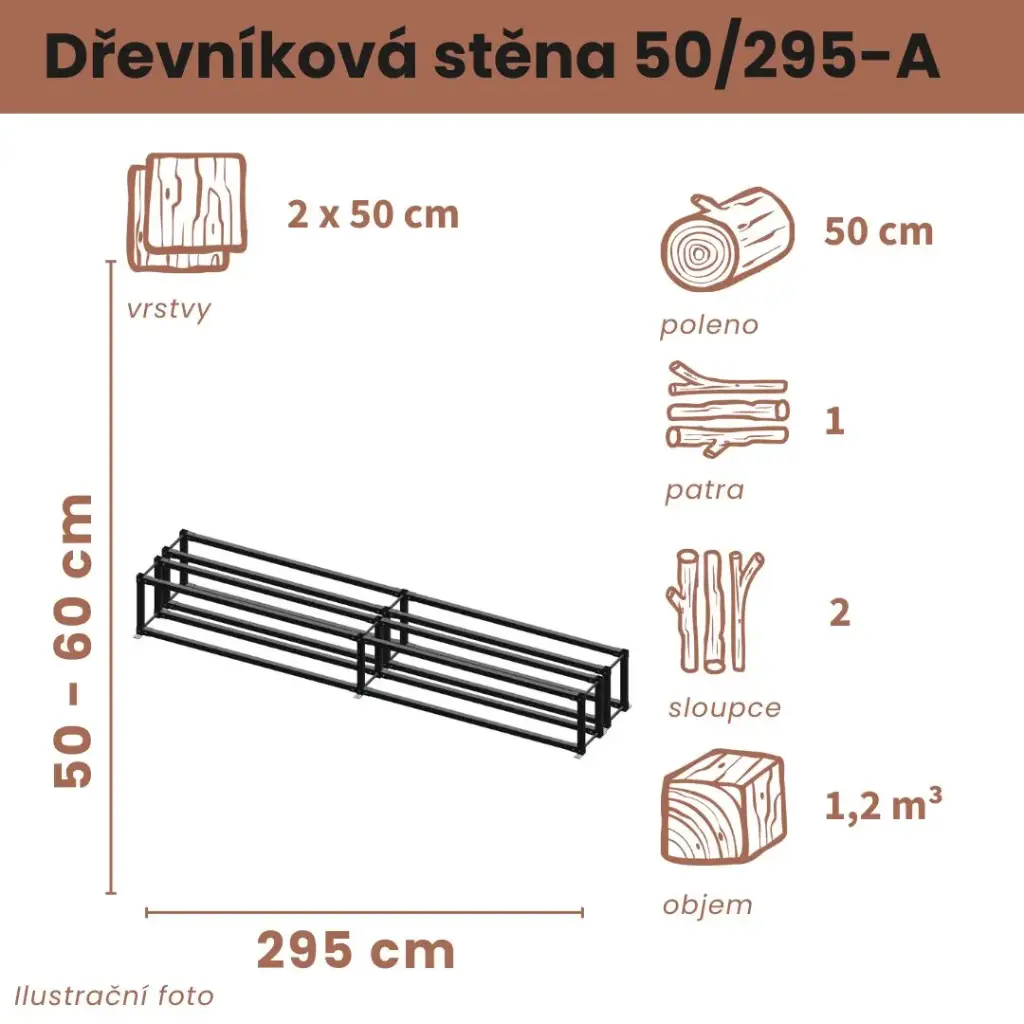 [2x50/295-A] Dřevníková stěna 50/295 cm dvojitá (50 cm, 1 patro)
