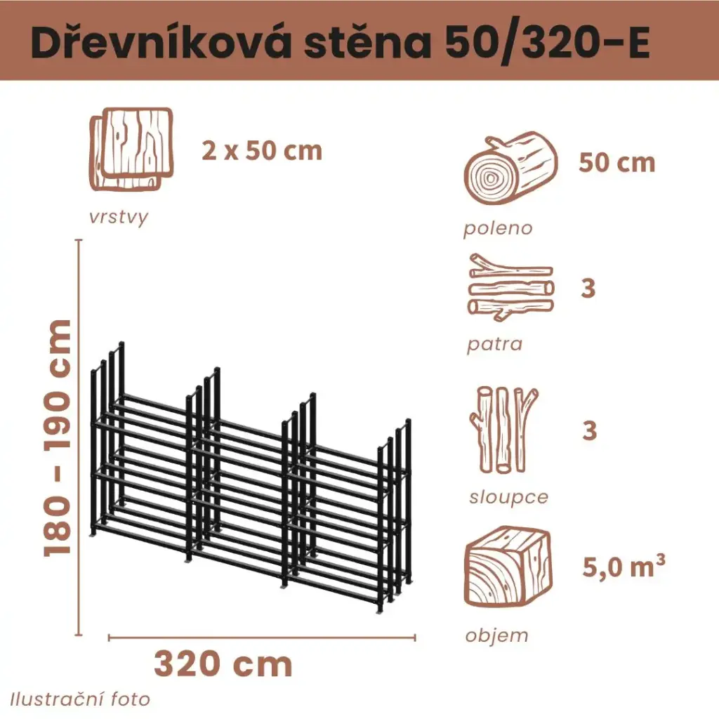 [2x50/320-A] Dřevníková stěna 50/320 cm dvojitá (50 cm, 1 level)
