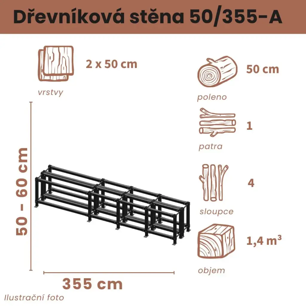 [2x50/355-A] Dřevníková stěna 50/355 cm dvojitá (50 cm, 1 level)