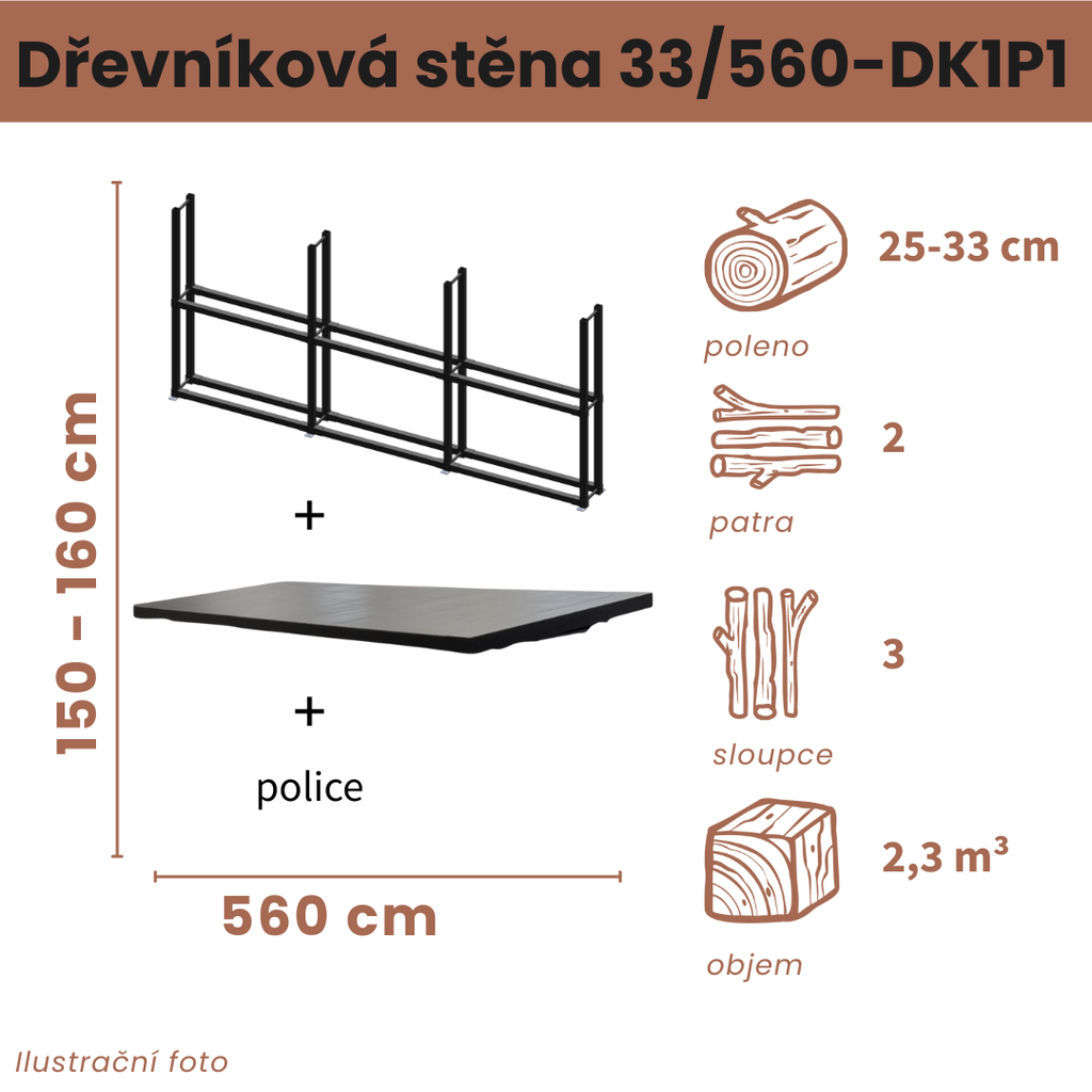 Dřevníková stěna 33/560 cm s nerezovou střechou a policí
