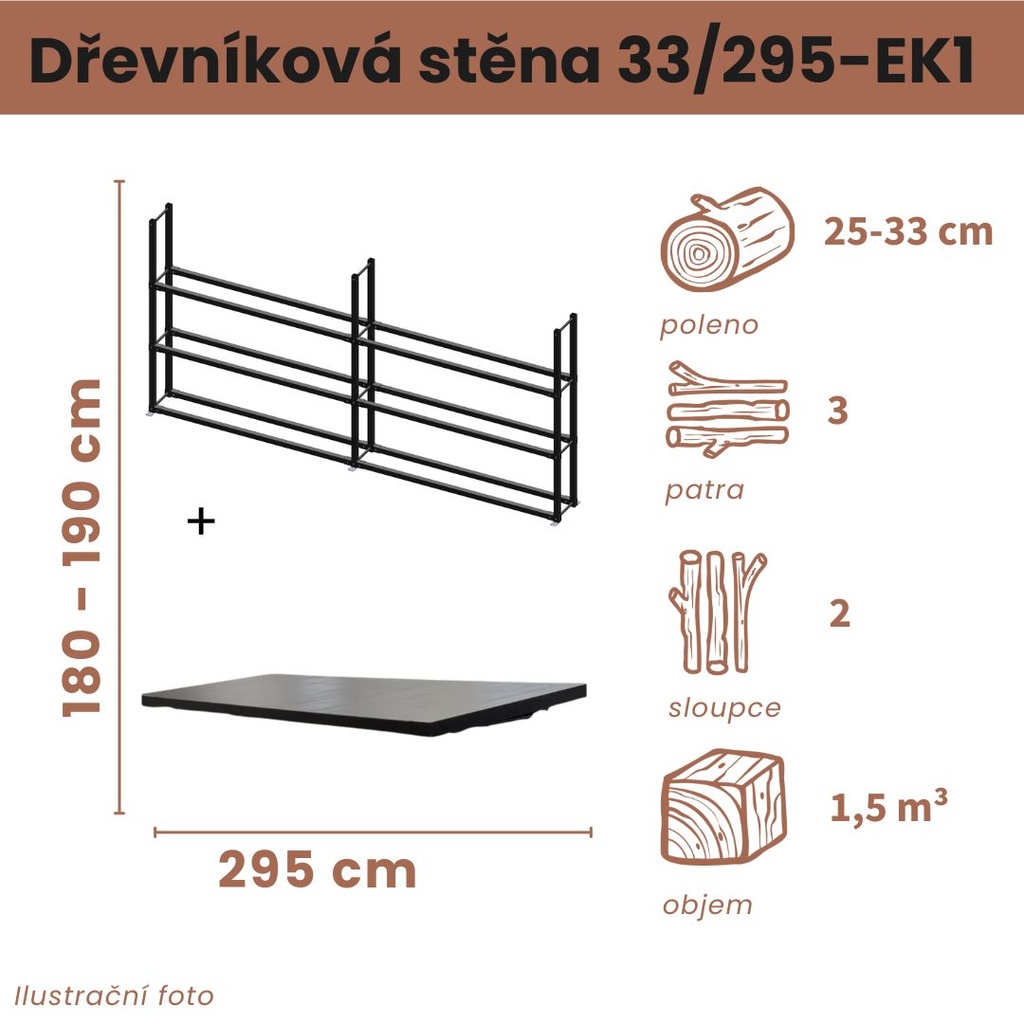 Dřevníková stěna 33/295 cm s nerezovou střechou