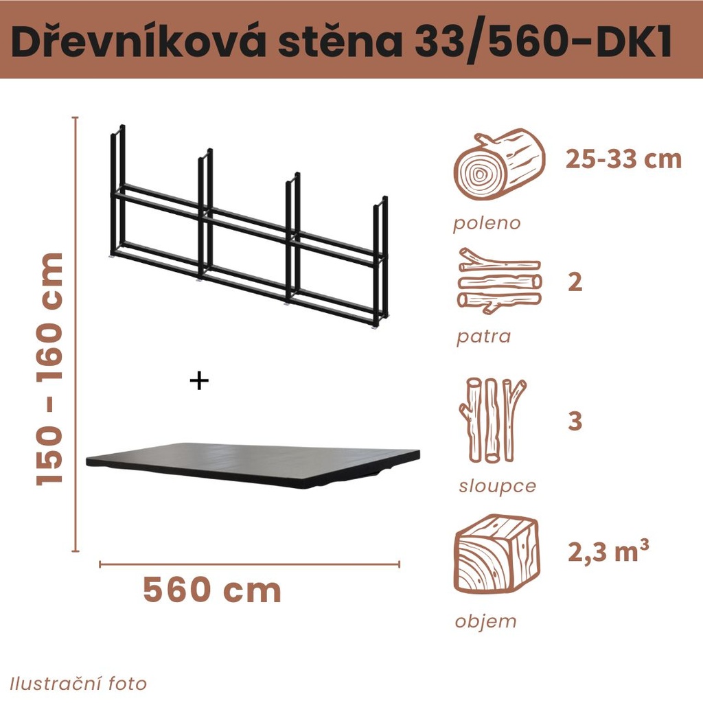 [33/560-DK1] Dřevníková stěna 33/560 cm s nerezovou střechou