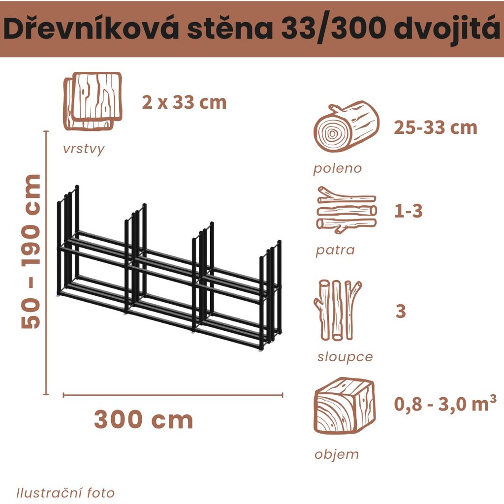 Dřevníková stěna 33/300 cm dvojitá