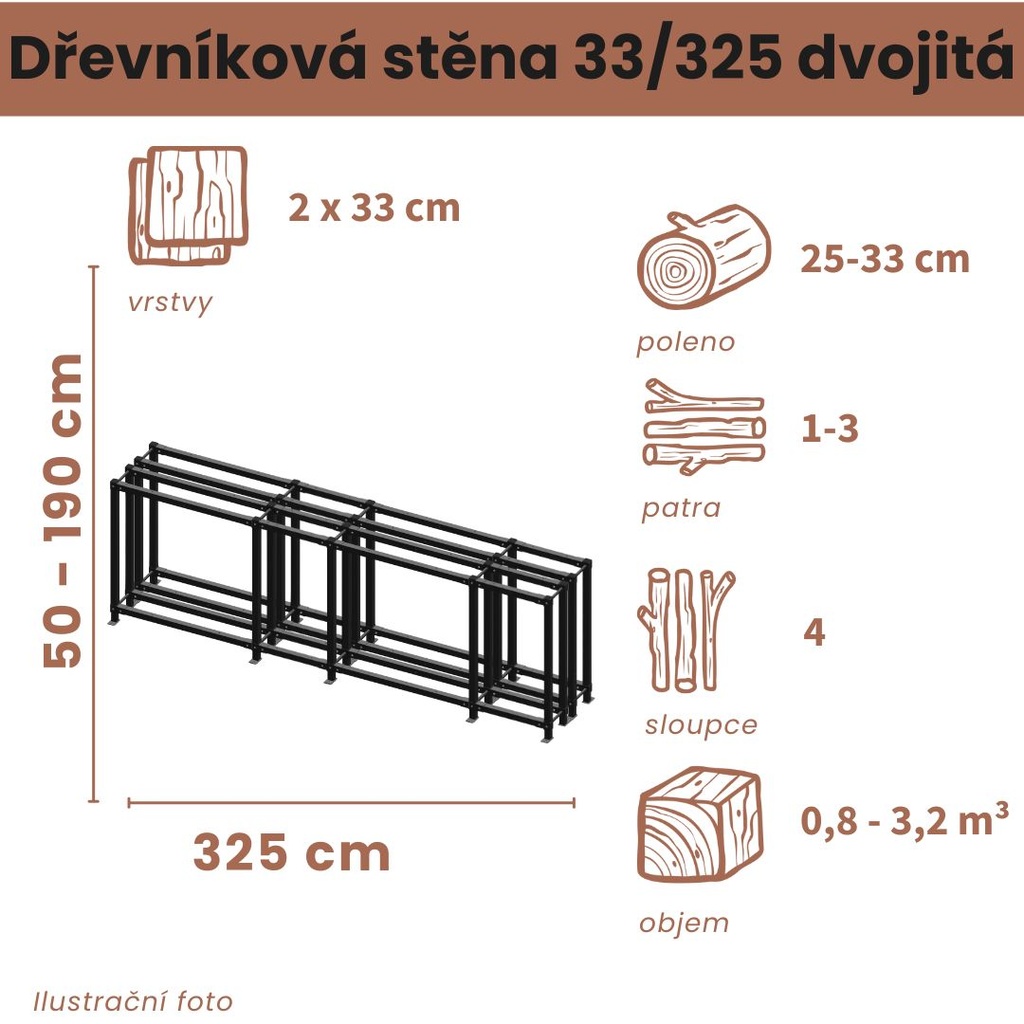 Dřevníková stěna 33/325 cm dvojitá