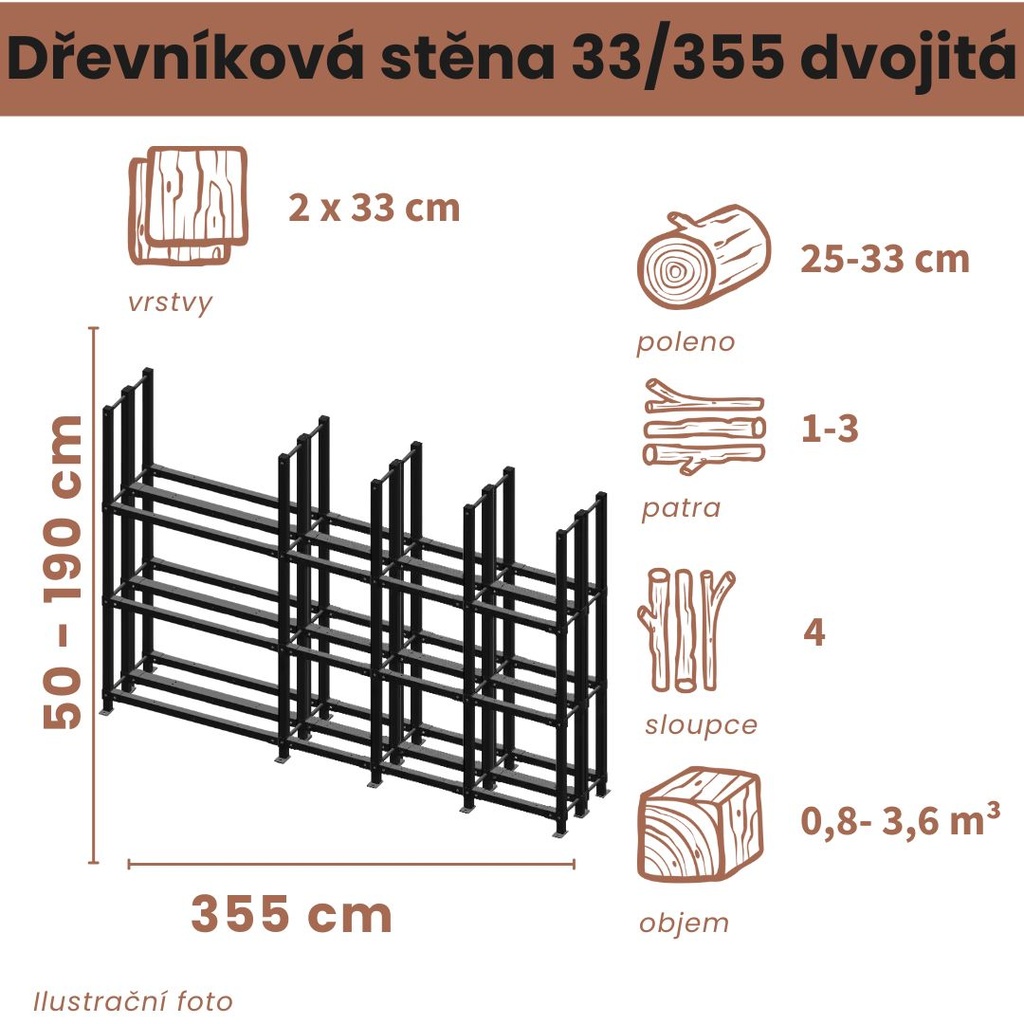 Dřevníková stěna 33/355 cm dvojitá