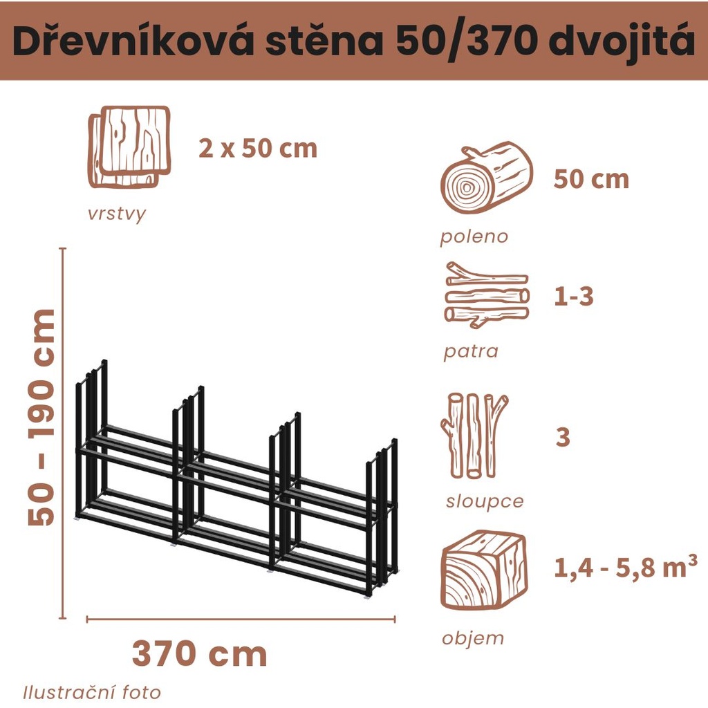 Dřevníková stěna 50/370 cm dvojitá