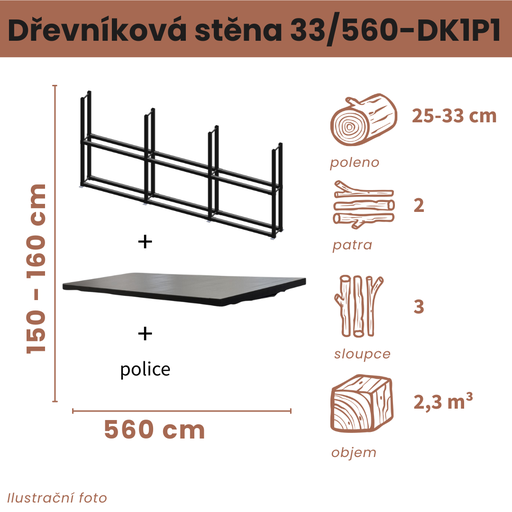 [33/560-DK1P1] Dřevníková stěna 33/560 cm s nerezovou střechou a policí